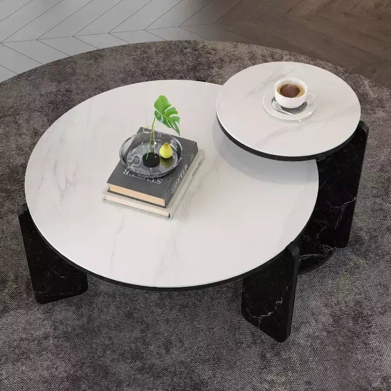 Ensemble Table Basse Ronde Moderne Ora Maison avec Pieds en Pierre Frittée et Table d'Appoint Assortie, Noir