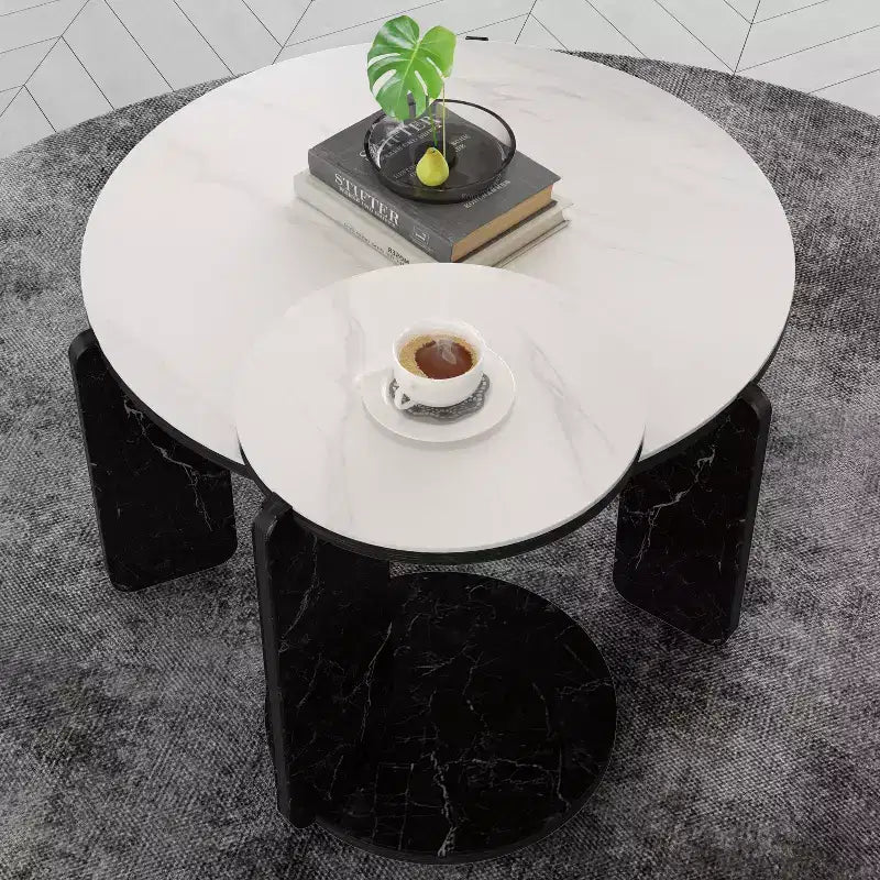 Ensemble Table Basse Ronde Moderne Ora Maison avec Pieds en Pierre Frittée et Table d'Appoint Assortie, Noir