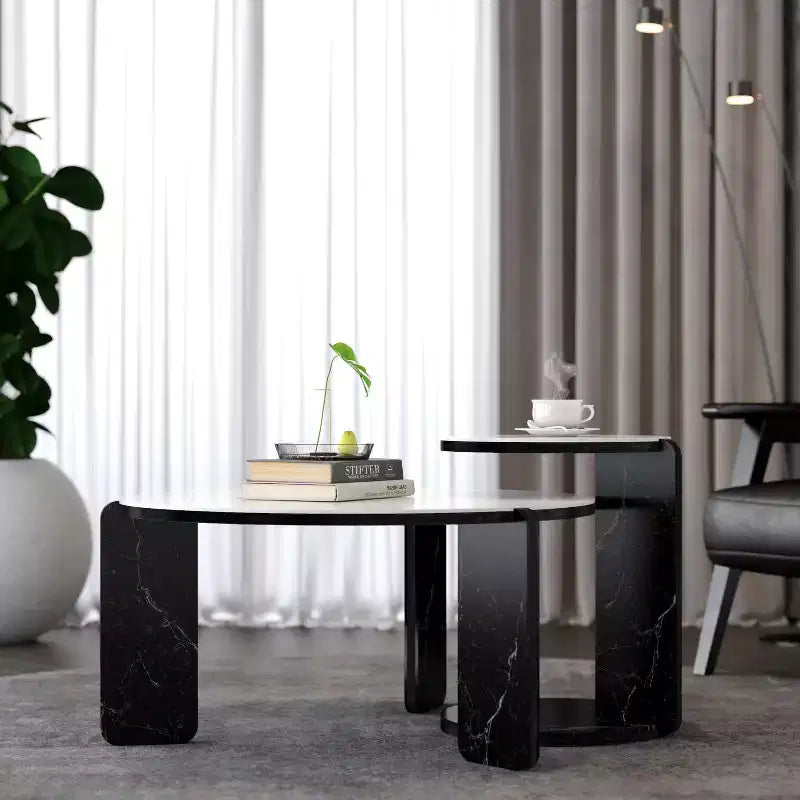 Ensemble Table Basse Ronde Moderne Ora Maison avec Pieds en Pierre Frittée et Table d'Appoint Assortie, Noir
