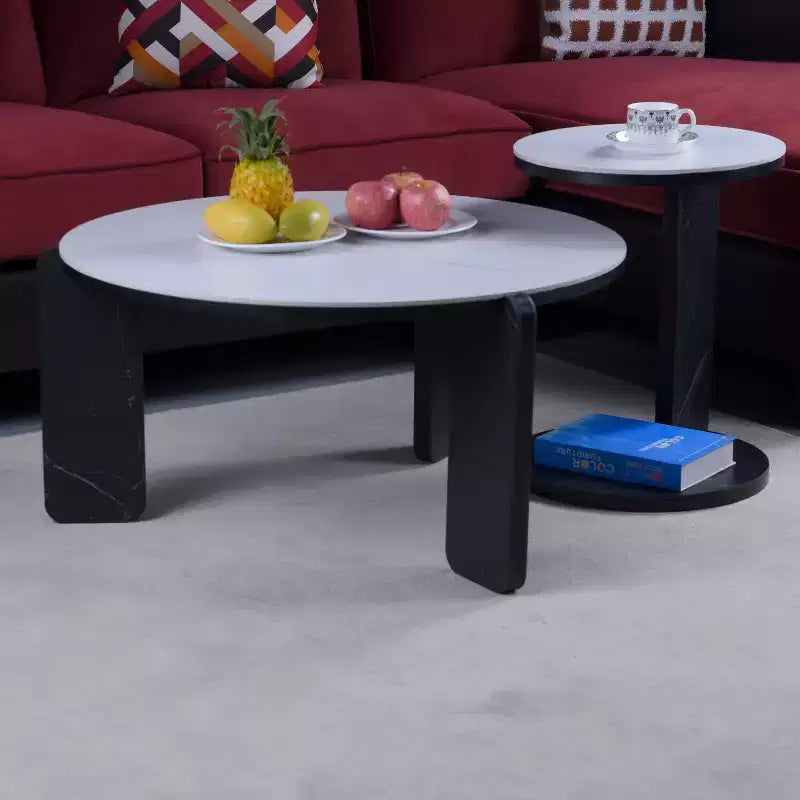 Ensemble Table Basse Ronde Moderne Ora Maison avec Pieds en Pierre Frittée et Table d'Appoint Assortie, Noir