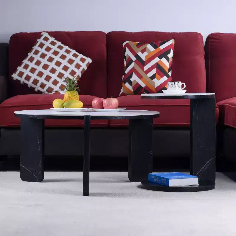 Ensemble Table Basse Ronde Moderne Ora Maison avec Pieds en Pierre Frittée et Table d'Appoint Assortie, Noir
