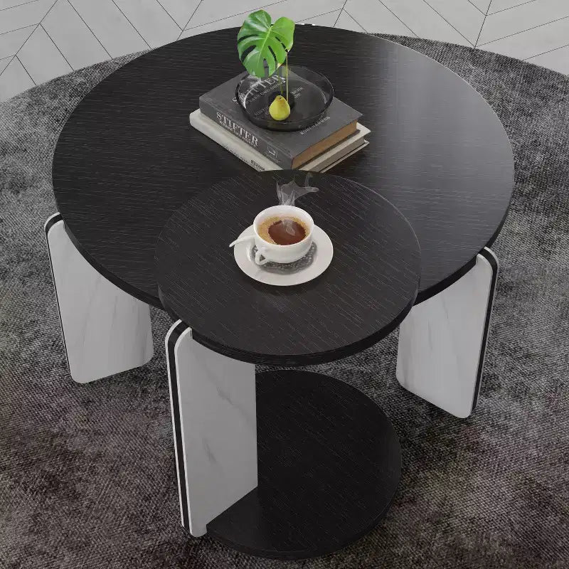 Ensemble Table Basse Ronde Moderne Ora Maison avec Pieds en Pierre Frittée et Table d'Appoint Assortie, Noir