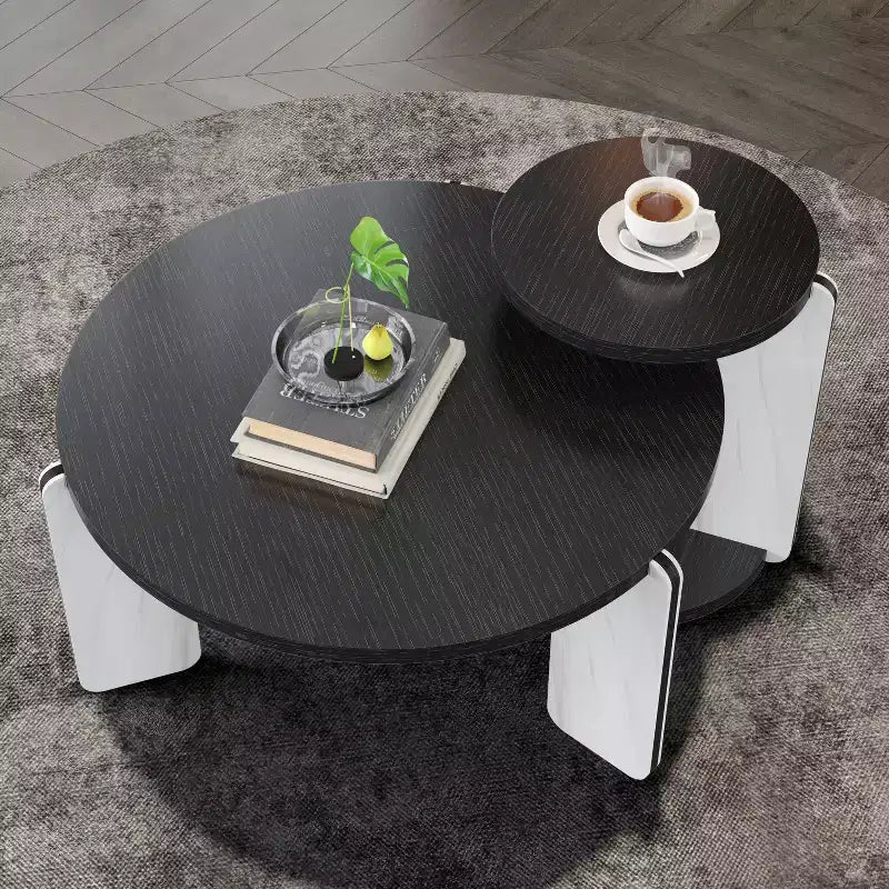 Ensemble Table Basse Ronde Moderne Ora Maison avec Pieds en Pierre Frittée et Table d'Appoint Assortie, Noir