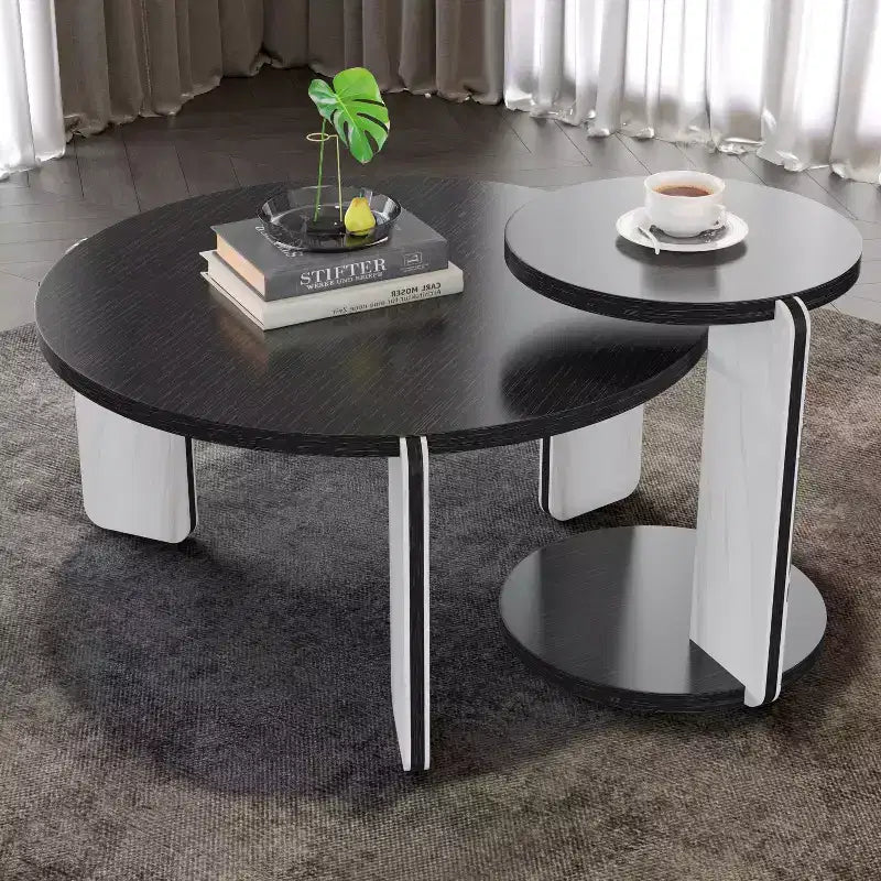 Ensemble Table Basse Ronde Moderne Ora Maison avec Pieds en Pierre Frittée et Table d'Appoint Assortie, Noir