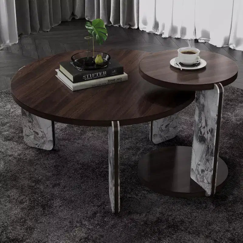 Ensemble Table Basse Ronde Moderne Ora Maison avec Pieds en Pierre Frittée et Table d'Appoint Assortie, Noir