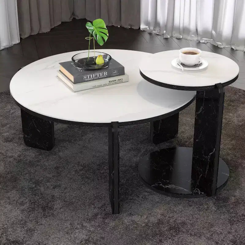 Ensemble Table Basse Ronde Moderne Ora Maison avec Pieds en Pierre Frittée et Table d'Appoint Assortie, Noir