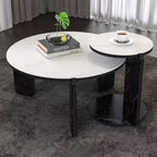 Ensemble Table Basse Ronde Moderne Ora Maison avec Pieds en Pierre Frittée et Table d'Appoint Assortie, Noir