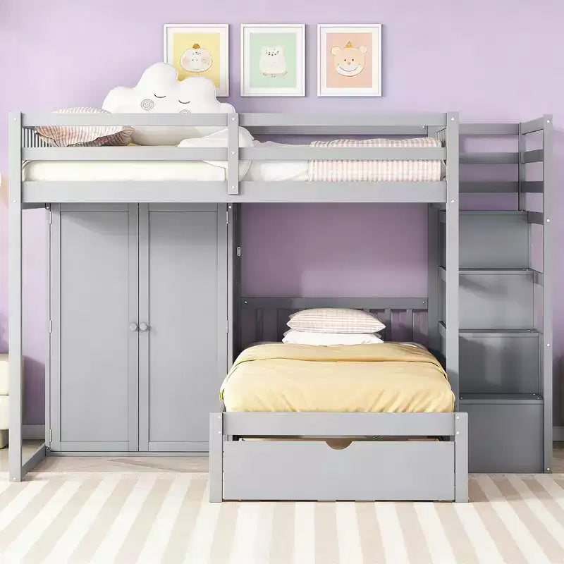 Lit superposé moderne Luxystar, une place et demie sur une place, avec armoire et 5 tiroirs