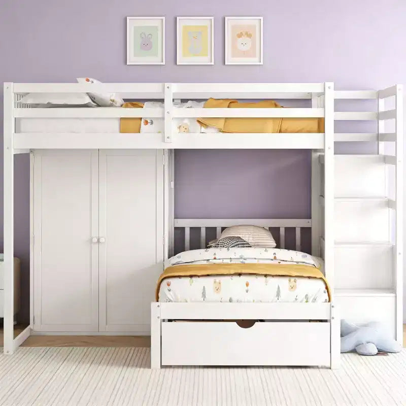 Lit superposé moderne Luxystar, une place et demie sur une place, avec armoire et 5 tiroirs