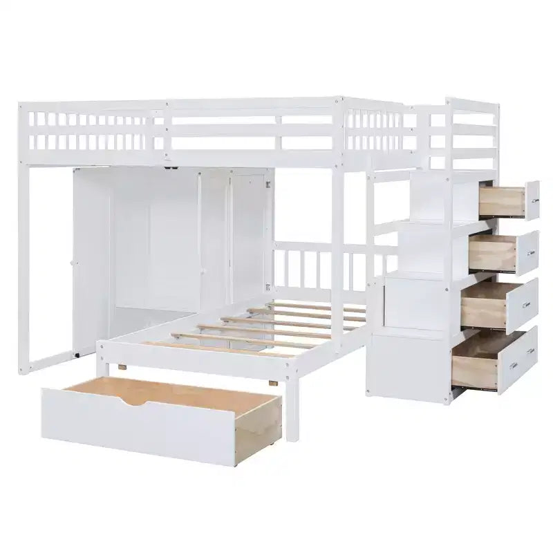 Lit superposé moderne Luxystar, une place et demie sur une place, avec armoire et 5 tiroirs