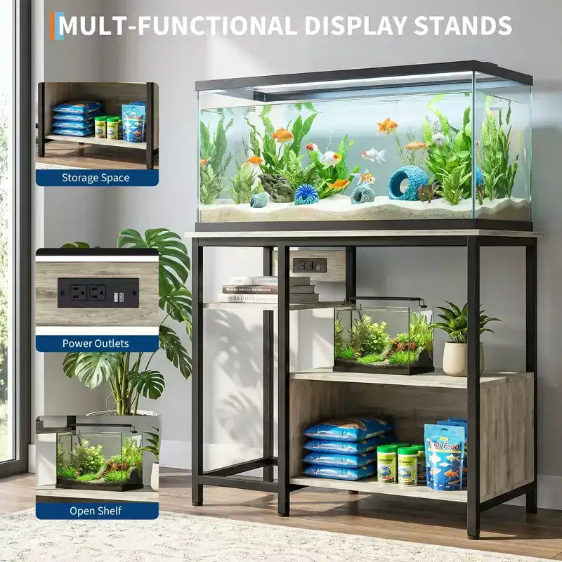Meuble support pour aquarium Garvee avec armoire – Support pour aquarium de 40 à 50 gallons avec prises électriques, construction robuste en métal et bois, étagères de rangement ouvertes