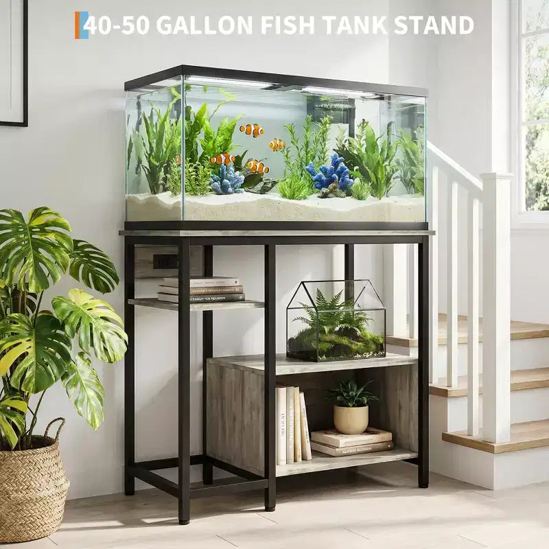 Meuble support pour aquarium Garvee avec armoire – Support pour aquarium de 40 à 50 gallons avec prises électriques, construction robuste en métal et bois, étagères de rangement ouvertes
