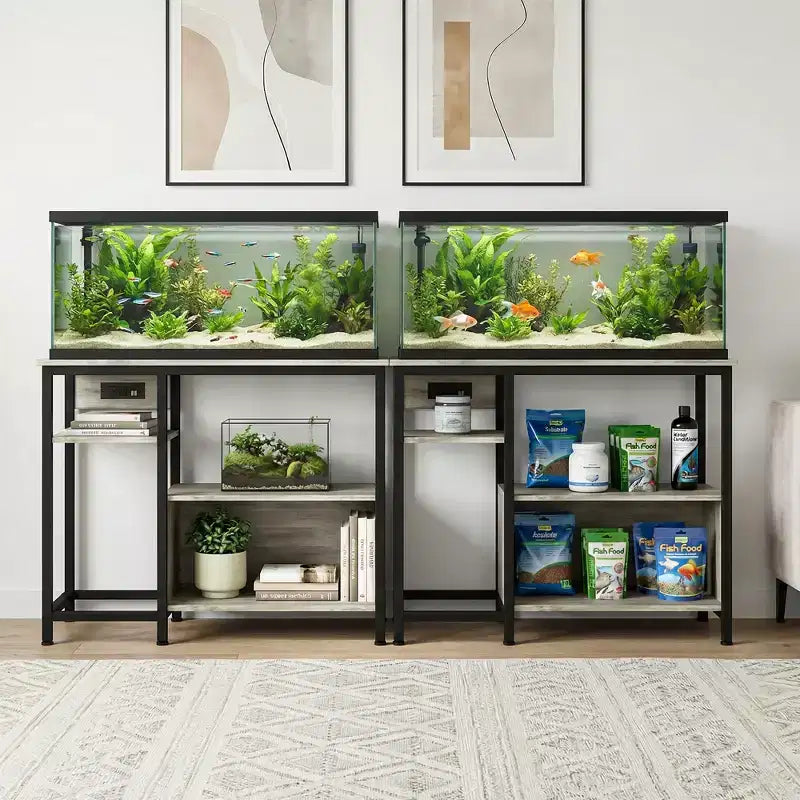 Meuble support pour aquarium Garvee avec armoire – Support pour aquarium de 40 à 50 gallons avec prises électriques, construction robuste en métal et bois, étagères de rangement ouvertes
