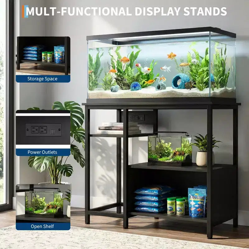 Meuble support pour aquarium Garvee avec armoire – Support pour aquarium de 40 à 50 gallons avec prises électriques, construction robuste en métal et bois, étagères de rangement ouvertes