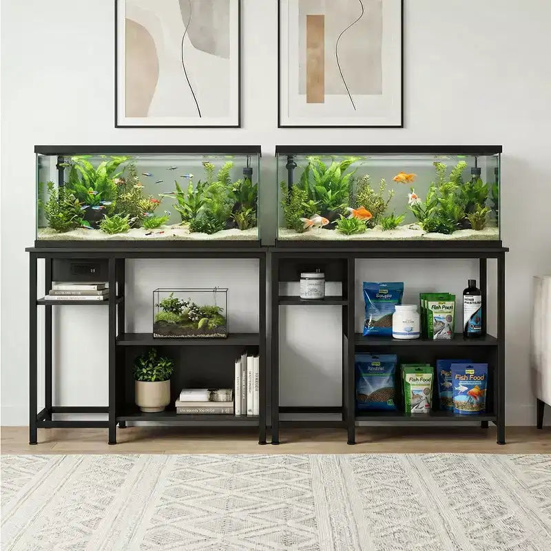 Meuble support pour aquarium Garvee avec armoire – Support pour aquarium de 40 à 50 gallons avec prises électriques, construction robuste en métal et bois, étagères de rangement ouvertes
