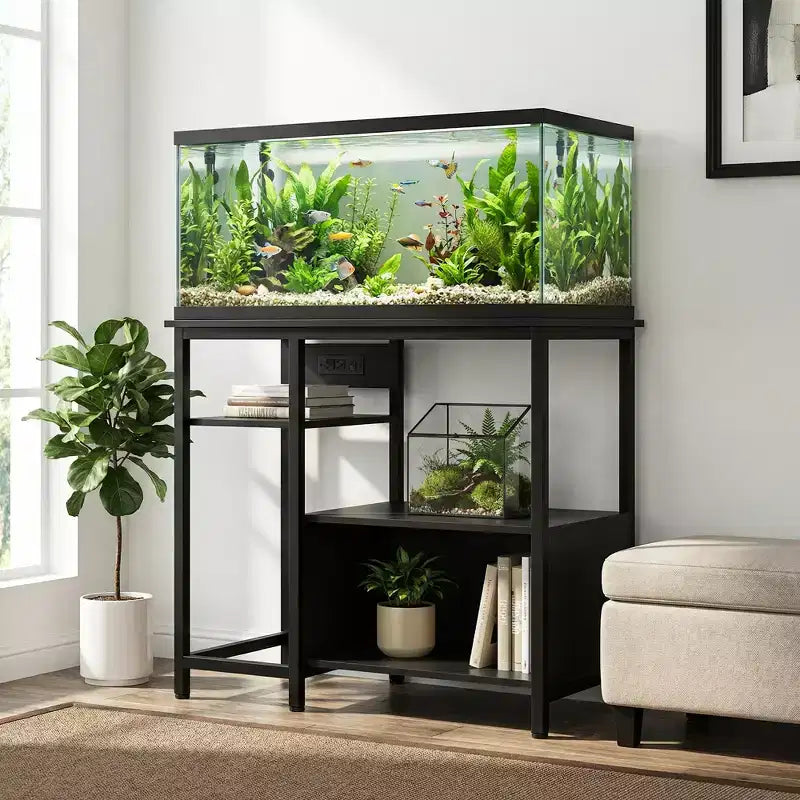 Meuble support pour aquarium Garvee avec armoire – Support pour aquarium de 40 à 50 gallons avec prises électriques, construction robuste en métal et bois, étagères de rangement ouvertes
