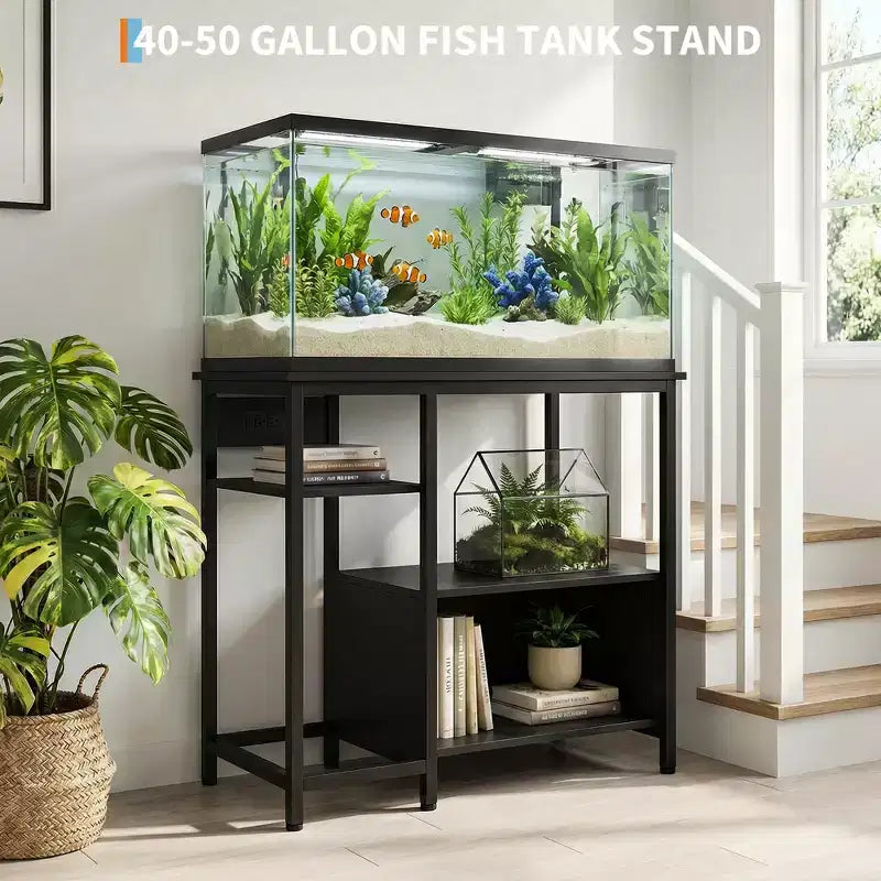 Meuble support pour aquarium Garvee avec armoire – Support pour aquarium de 40 à 50 gallons avec prises électriques, construction robuste en métal et bois, étagères de rangement ouvertes