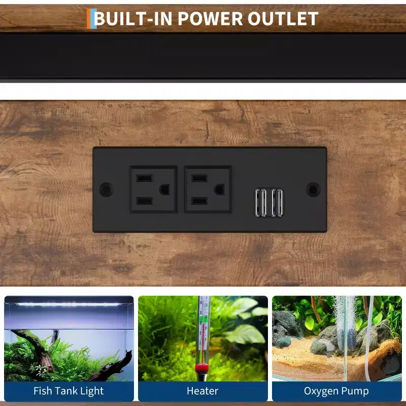 Meuble support pour aquarium Garvee avec armoire – Support pour aquarium de 40 à 50 gallons avec prises électriques, construction robuste en métal et bois, étagères de rangement ouvertes