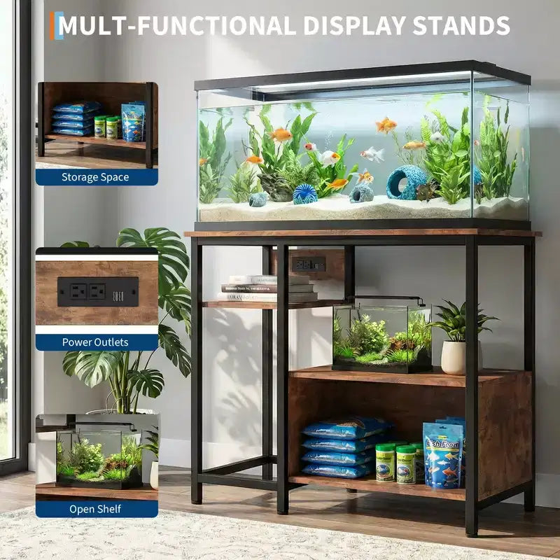 Meuble support pour aquarium Garvee avec armoire – Support pour aquarium de 40 à 50 gallons avec prises électriques, construction robuste en métal et bois, étagères de rangement ouvertes