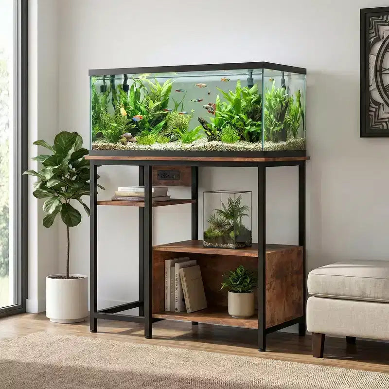 Meuble support pour aquarium Garvee avec armoire – Support pour aquarium de 40 à 50 gallons avec prises électriques, construction robuste en métal et bois, étagères de rangement ouvertes