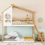 Bellemave Lit Superposé Maison Jumeau sur Jumeau avec Toit et Fenêtre, Lit Superposé Enfant en Bois avec Échelle et Barrières de Sécurité, Cadre en Pin Massif, Naturel