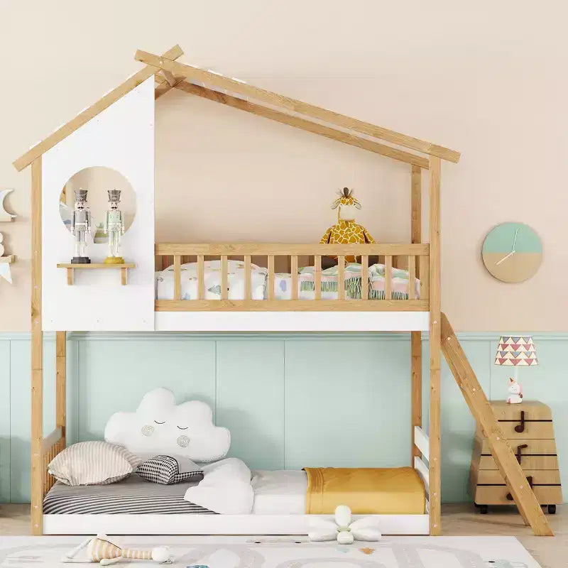 Bellemave Lit Superposé Maison Jumeau sur Jumeau avec Toit et Fenêtre, Lit Superposé Enfant en Bois avec Échelle et Barrières de Sécurité, Cadre en Pin Massif, Naturel
