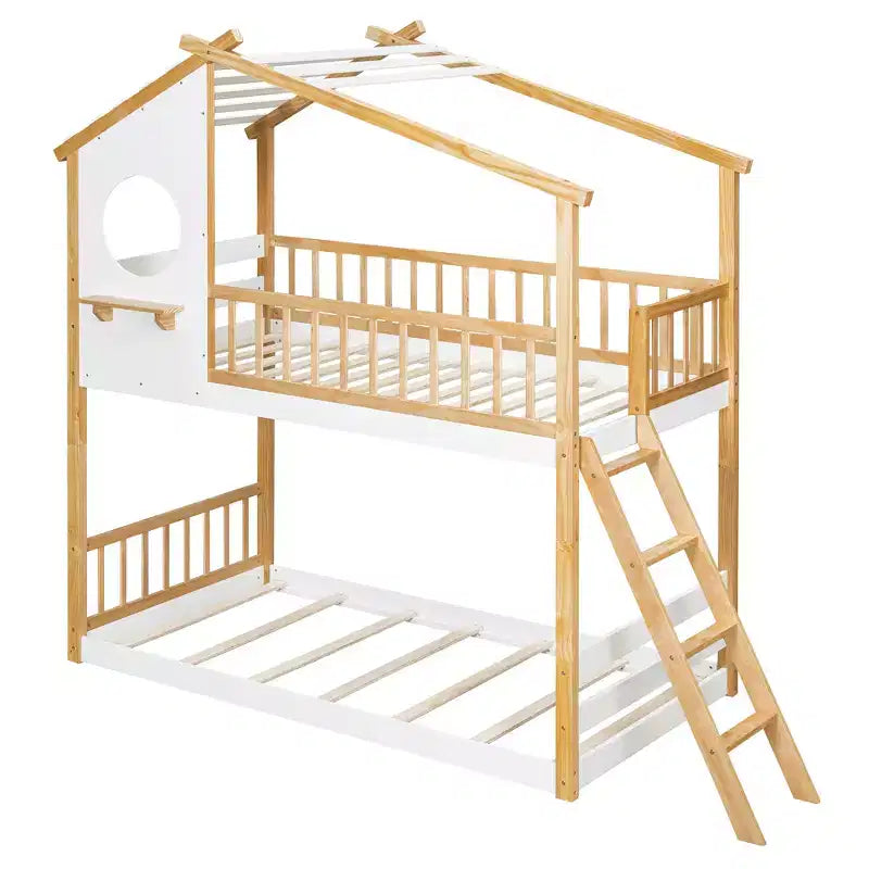 Bellemave Lit Superposé Maison Jumeau sur Jumeau avec Toit et Fenêtre, Lit Superposé Enfant en Bois avec Échelle et Barrières de Sécurité, Cadre en Pin Massif, Naturel