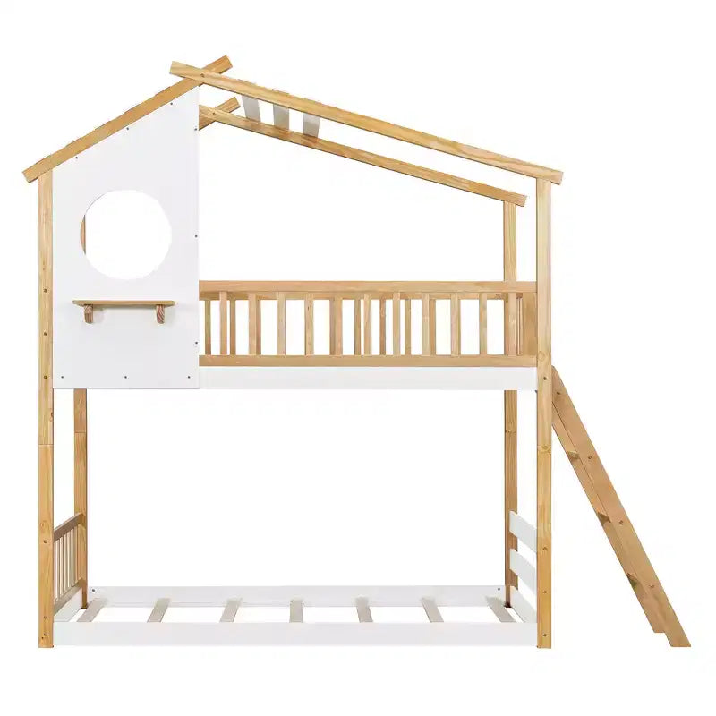Bellemave Lit Superposé Maison Jumeau sur Jumeau avec Toit et Fenêtre, Lit Superposé Enfant en Bois avec Échelle et Barrières de Sécurité, Cadre en Pin Massif, Naturel