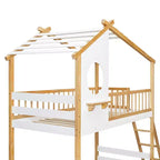 Bellemave Lit Superposé Maison Jumeau sur Jumeau avec Toit et Fenêtre, Lit Superposé Enfant en Bois avec Échelle et Barrières de Sécurité, Cadre en Pin Massif, Naturel