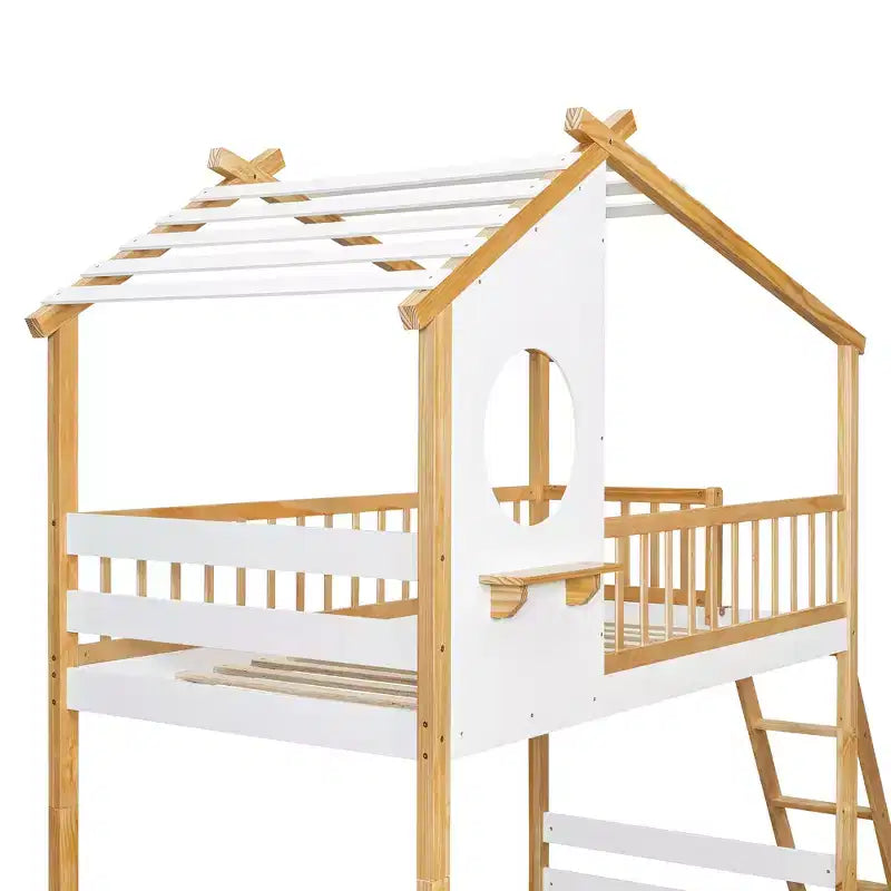 Bellemave Lit Superposé Maison Jumeau sur Jumeau avec Toit et Fenêtre, Lit Superposé Enfant en Bois avec Échelle et Barrières de Sécurité, Cadre en Pin Massif, Naturel