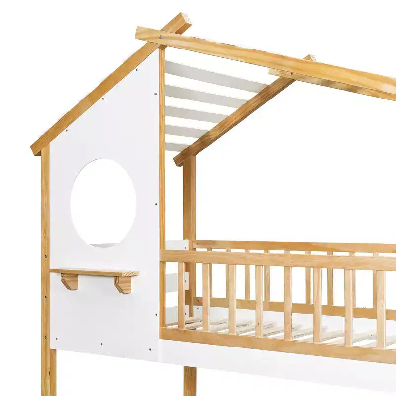 Bellemave Lit Superposé Maison Jumeau sur Jumeau avec Toit et Fenêtre, Lit Superposé Enfant en Bois avec Échelle et Barrières de Sécurité, Cadre en Pin Massif, Naturel