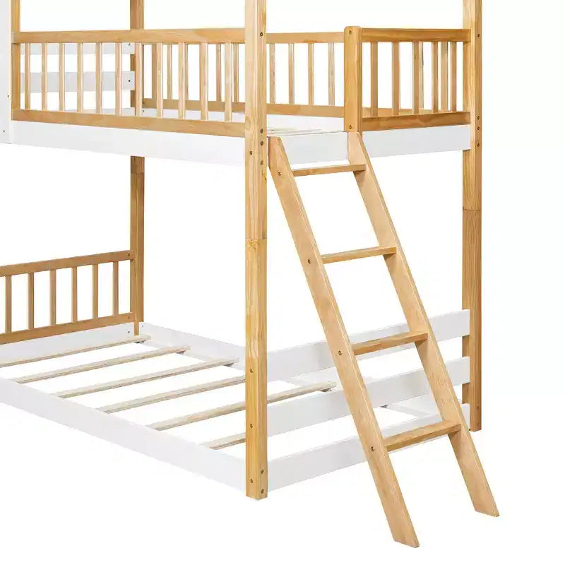 Bellemave Lit Superposé Maison Jumeau sur Jumeau avec Toit et Fenêtre, Lit Superposé Enfant en Bois avec Échelle et Barrières de Sécurité, Cadre en Pin Massif, Naturel