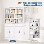 Grande bibliothèque en bois pour enfants, 2 tiroirs, 4 portes, meuble de rangement à 6 niveaux, étagère de rangement spacieuse, pour salon, bureau