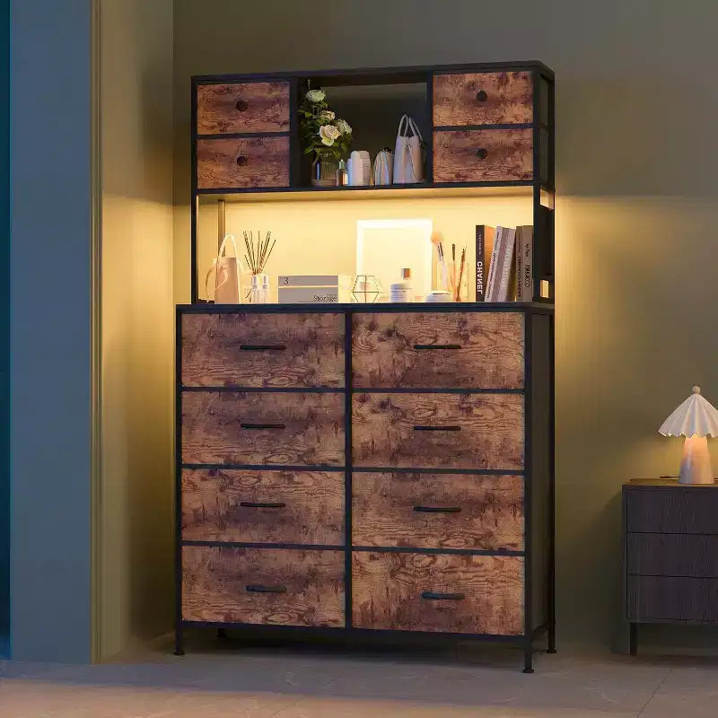 Commode en tissu à 12 tiroirs, étagères ouvertes, cadre métallique, pour chambre à coucher, couloir