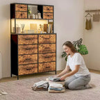 Commode en tissu à 12 tiroirs, étagères ouvertes, cadre métallique, pour chambre à coucher, couloir