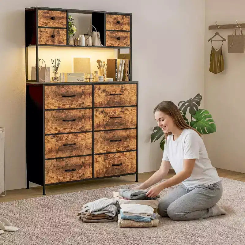 Commode en tissu à 12 tiroirs, étagères ouvertes, cadre métallique, pour chambre à coucher, couloir
