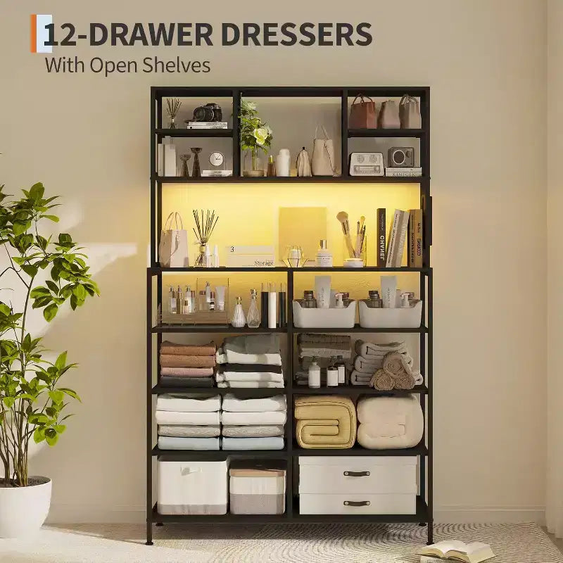 Commode en tissu à 12 tiroirs, étagères ouvertes, cadre métallique, pour chambre à coucher, couloir