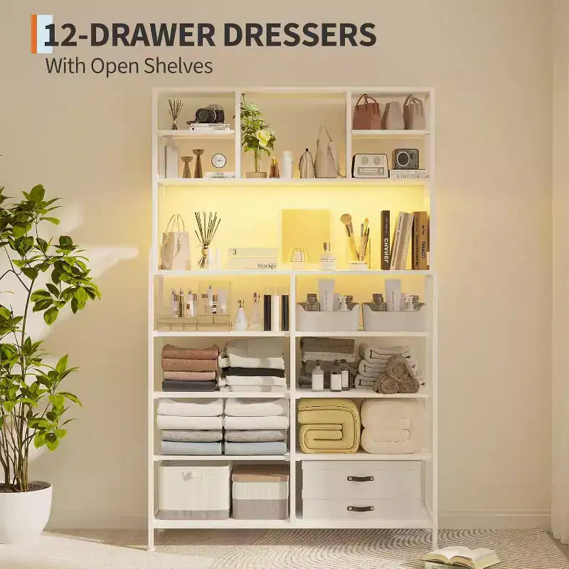 Commode en tissu à 12 tiroirs, étagères ouvertes, cadre métallique, pour chambre à coucher, couloir
