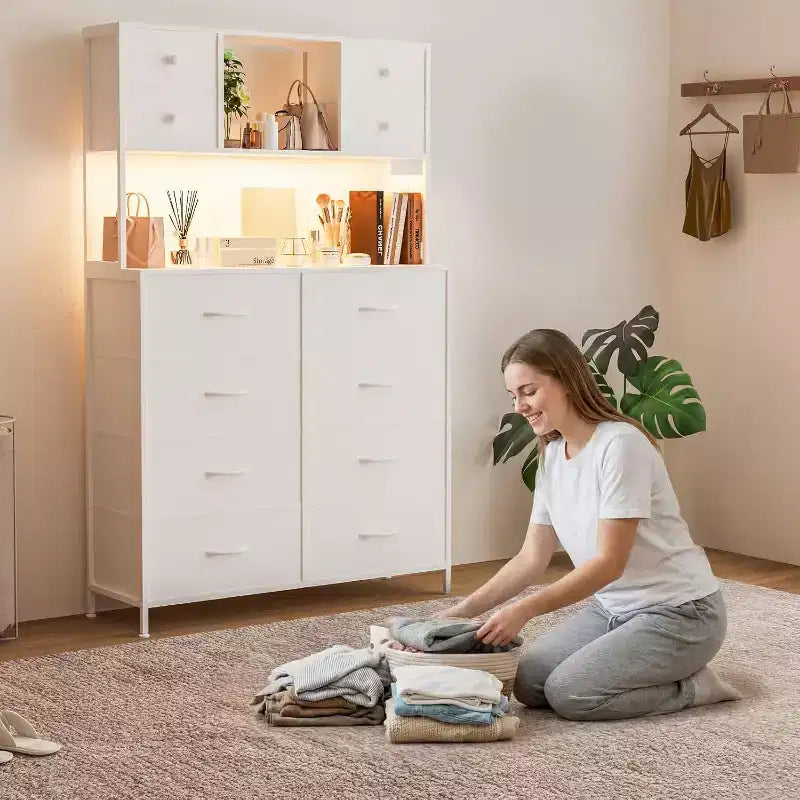 Commode en tissu à 12 tiroirs, étagères ouvertes, cadre métallique, pour chambre à coucher, couloir