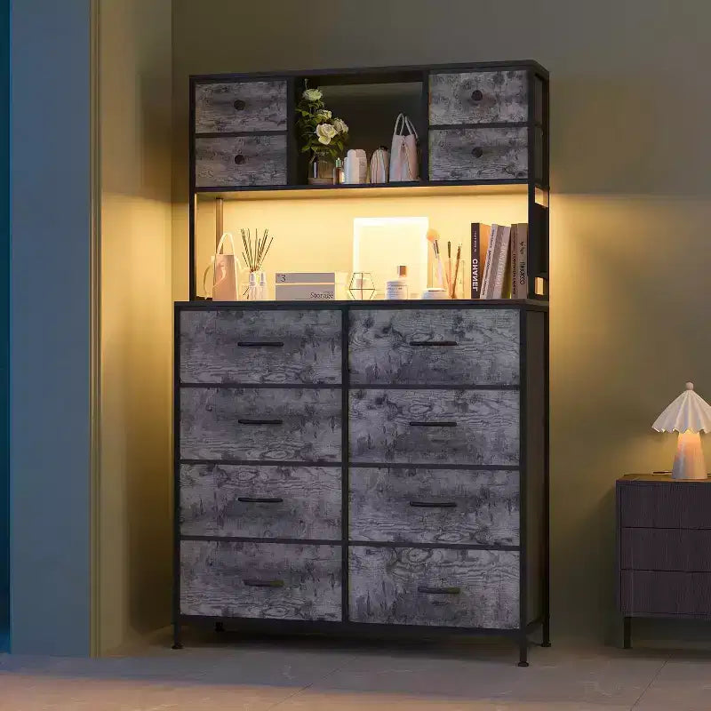 Commode en tissu à 12 tiroirs, étagères ouvertes, cadre métallique, pour chambre à coucher, couloir