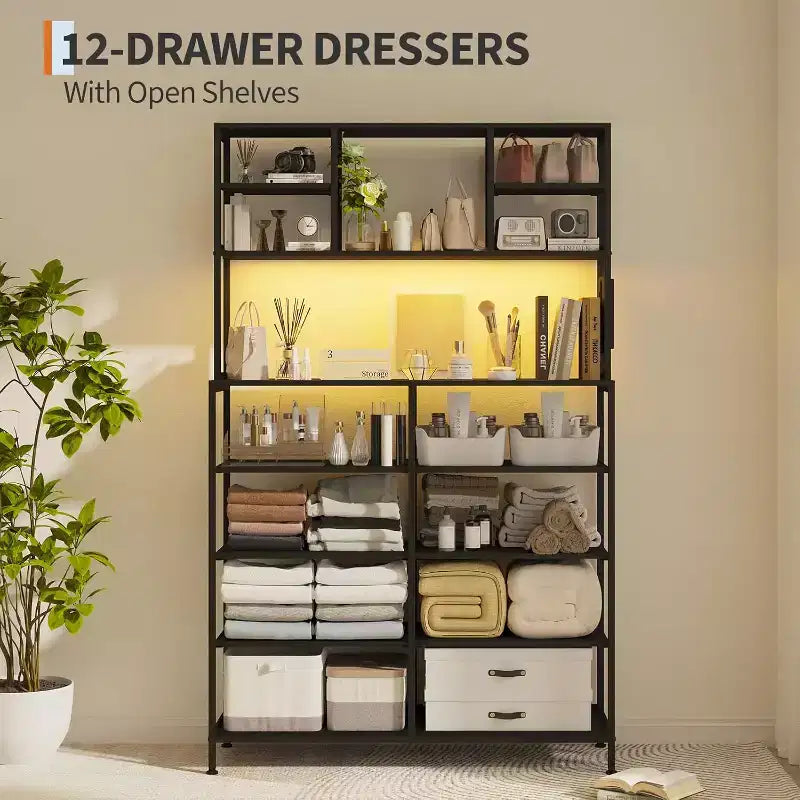 Commode en tissu à 12 tiroirs, étagères ouvertes, cadre métallique, pour chambre à coucher, couloir