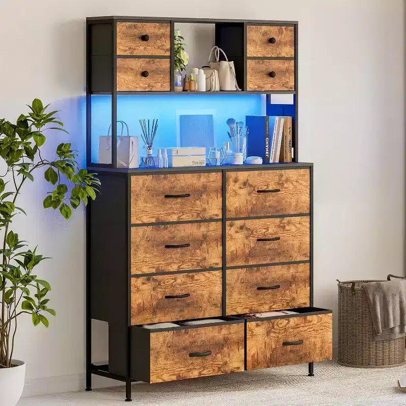 Commode en tissu à 12 tiroirs, étagères ouvertes, cadre métallique, pour chambre à coucher, couloir