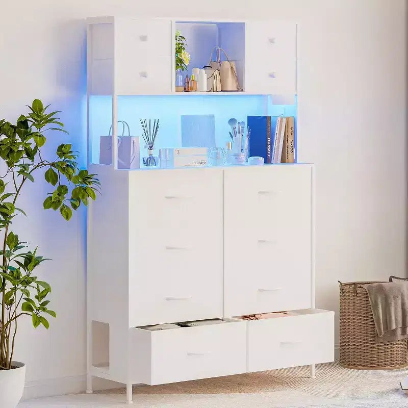 Commode en tissu à 12 tiroirs, étagères ouvertes, cadre métallique, pour chambre à coucher, couloir