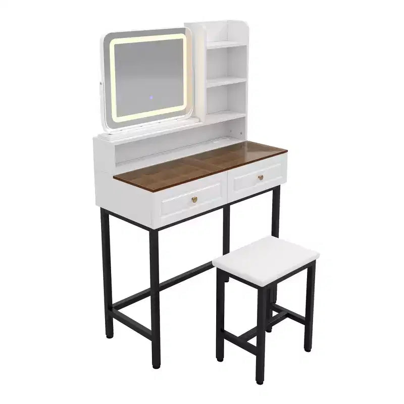 Coiffeuse Whisen, coiffeuse moderne avec miroir, 2 tiroirs et pieds et tabouret en métal robuste - Blanc