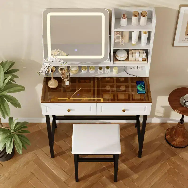 Coiffeuse Whisen, coiffeuse moderne avec miroir, 2 tiroirs et pieds et tabouret en métal robuste - Blanc