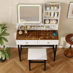 Coiffeuse Whisen, coiffeuse moderne avec miroir, 2 tiroirs et pieds et tabouret en métal robuste - Blanc