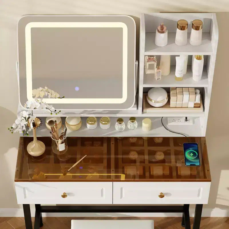 Coiffeuse Whisen, coiffeuse moderne avec miroir, 2 tiroirs et pieds et tabouret en métal robuste - Blanc