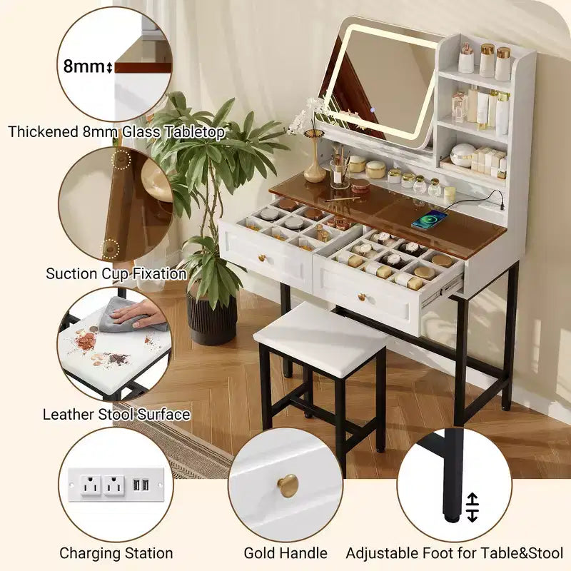 Coiffeuse Whisen, coiffeuse moderne avec miroir, 2 tiroirs et pieds et tabouret en métal robuste - Blanc