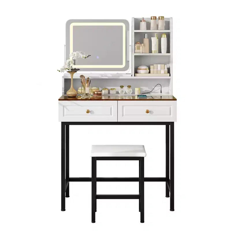 Coiffeuse Whisen, coiffeuse moderne avec miroir, 2 tiroirs et pieds et tabouret en métal robuste - Blanc