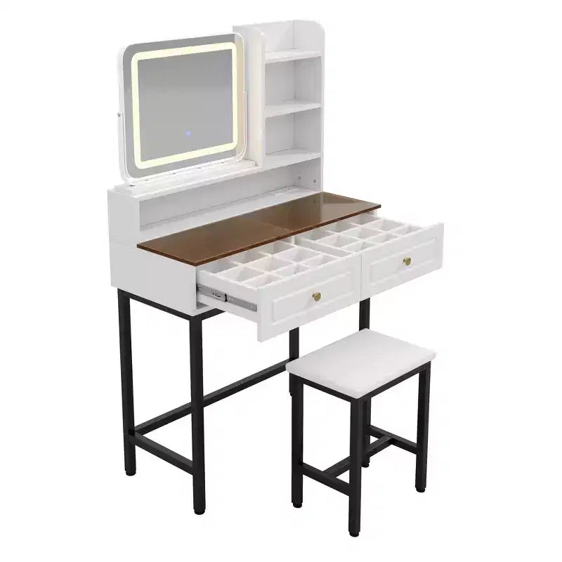Coiffeuse Whisen, coiffeuse moderne avec miroir, 2 tiroirs et pieds et tabouret en métal robuste - Blanc
